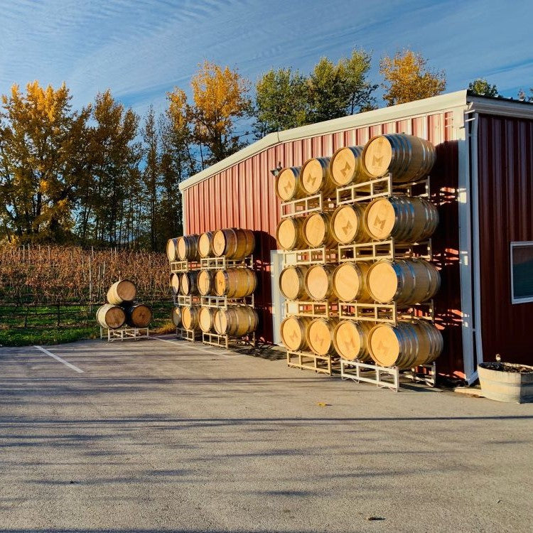 Wine barrels stacked against a wall outside