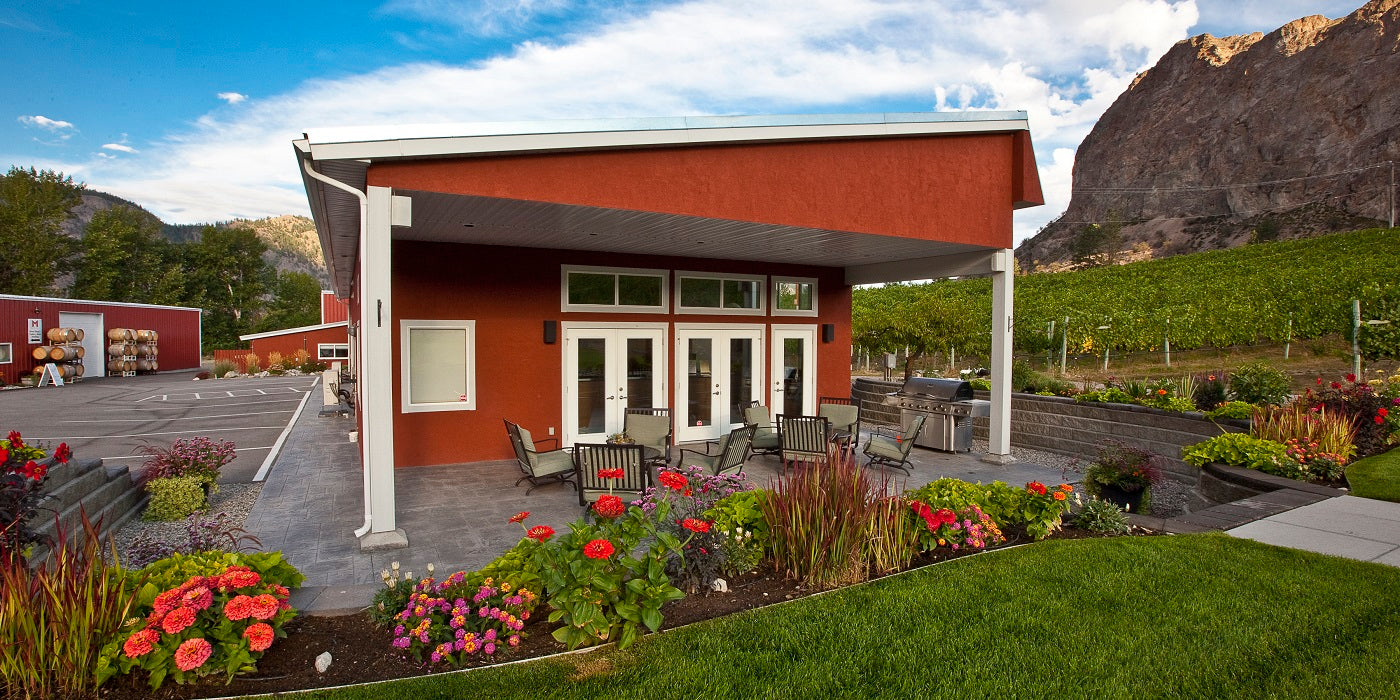 Meyer Family Vineyards tasting room with view of Peach Cliff Bluff