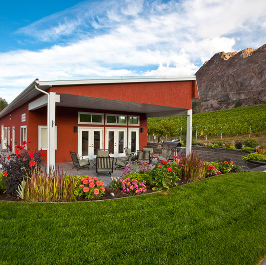 Meyer Family Vineyards tasting room with view of Peach Cliff Bluff
